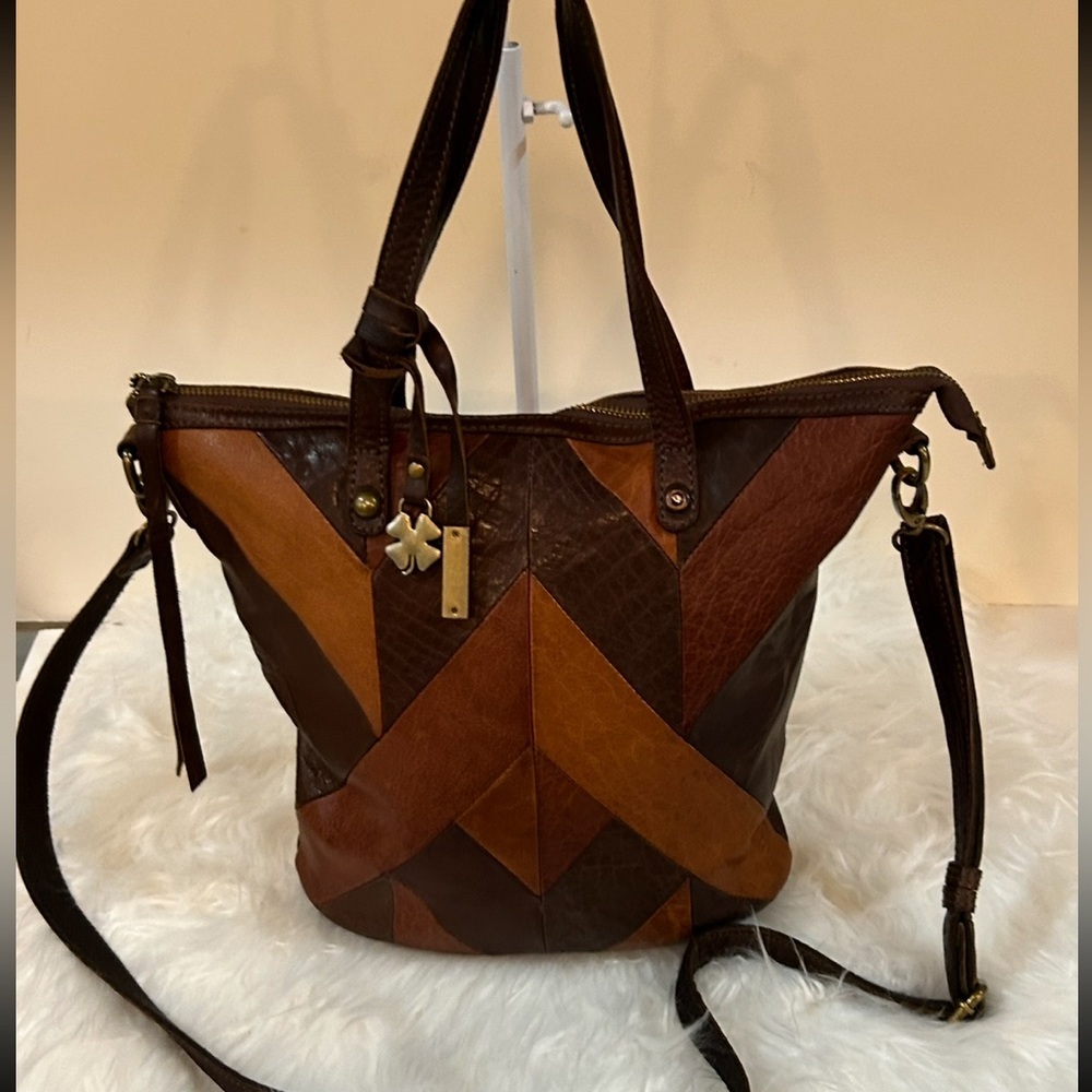 Lucky Brand Brown Leather patchwork Pattern shoul… - image 11